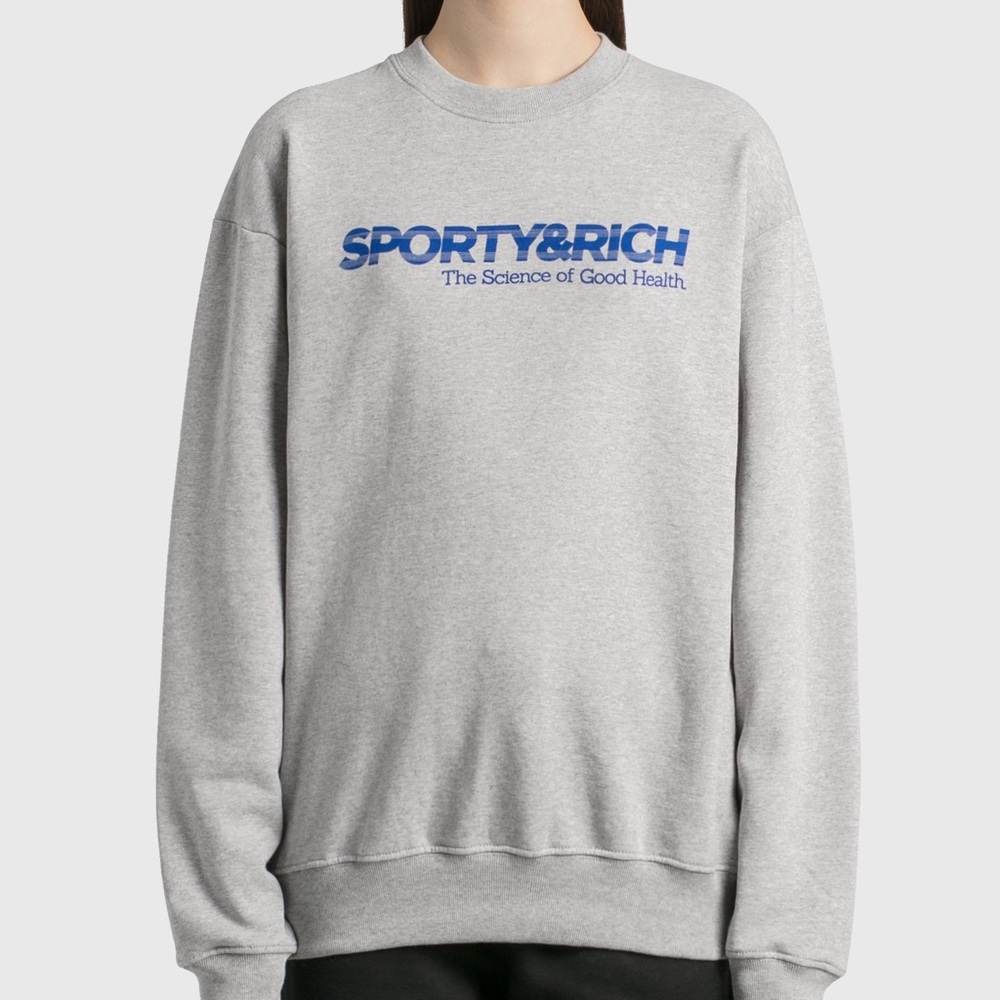 Sporty & Rich Blue Logo Gray Crewneck Sweater